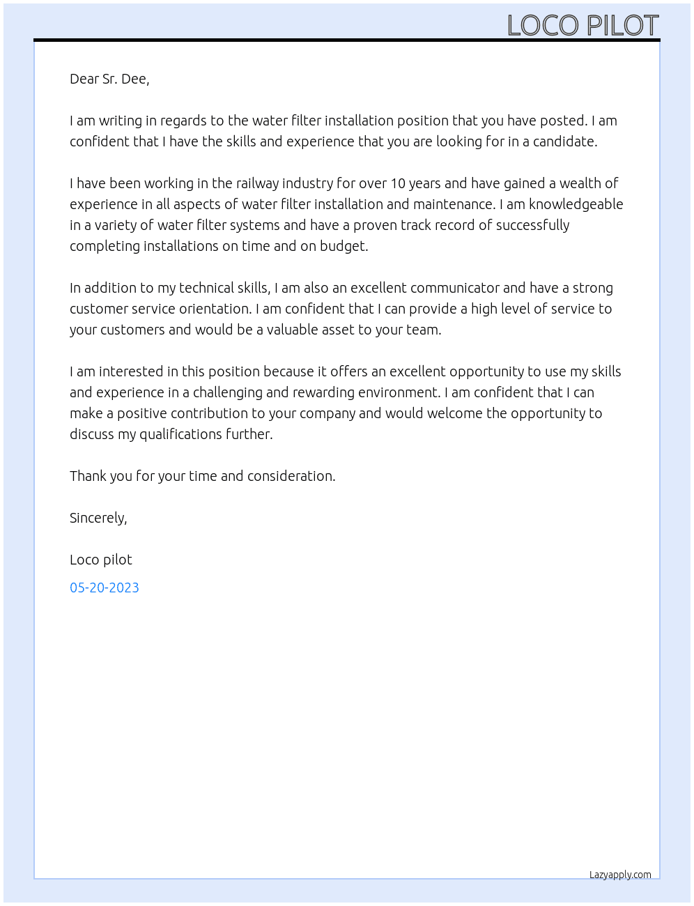 Water filter installation  At Railway  Cover Letter