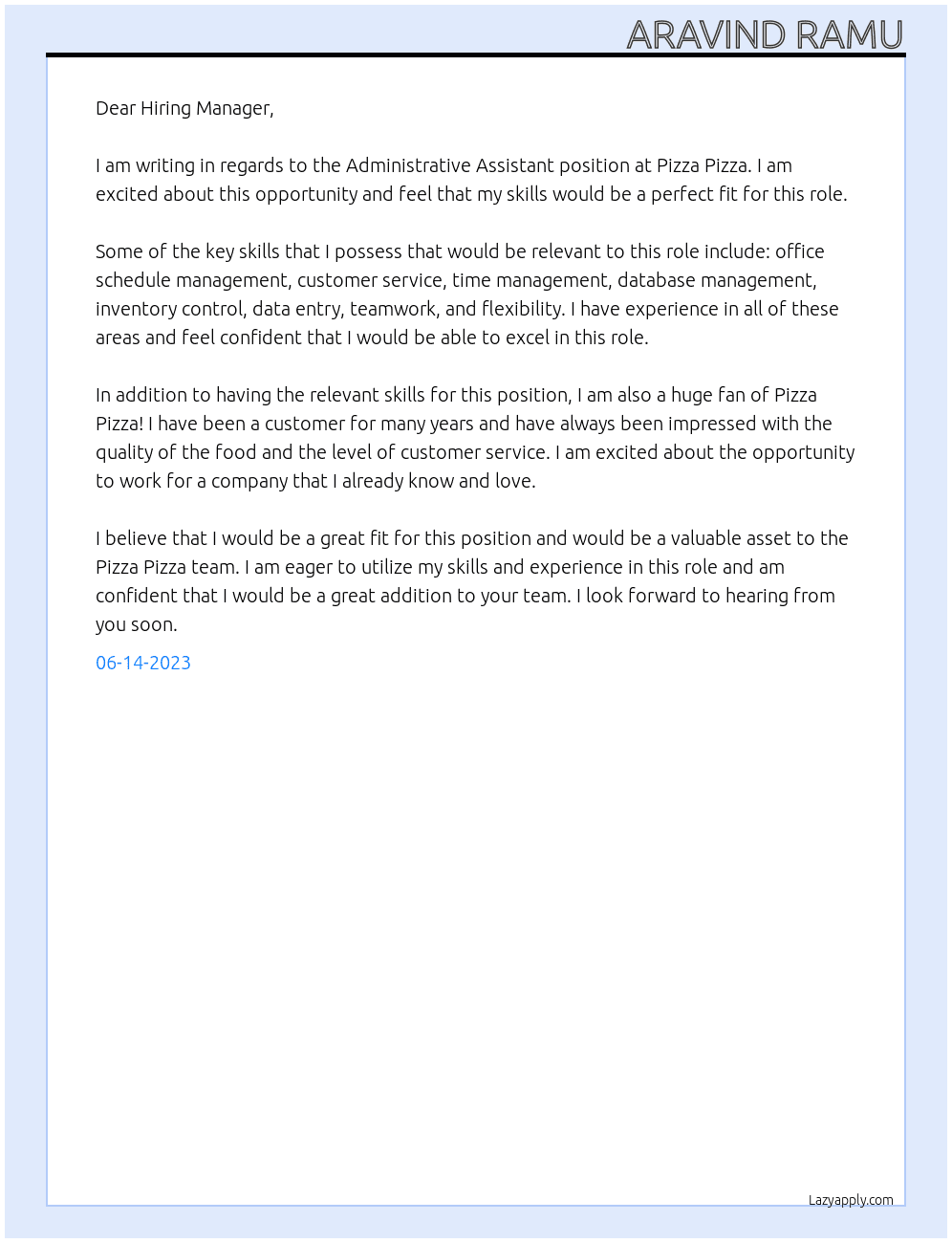 Administrative Assistant At Pizza Pizza Cover Letter