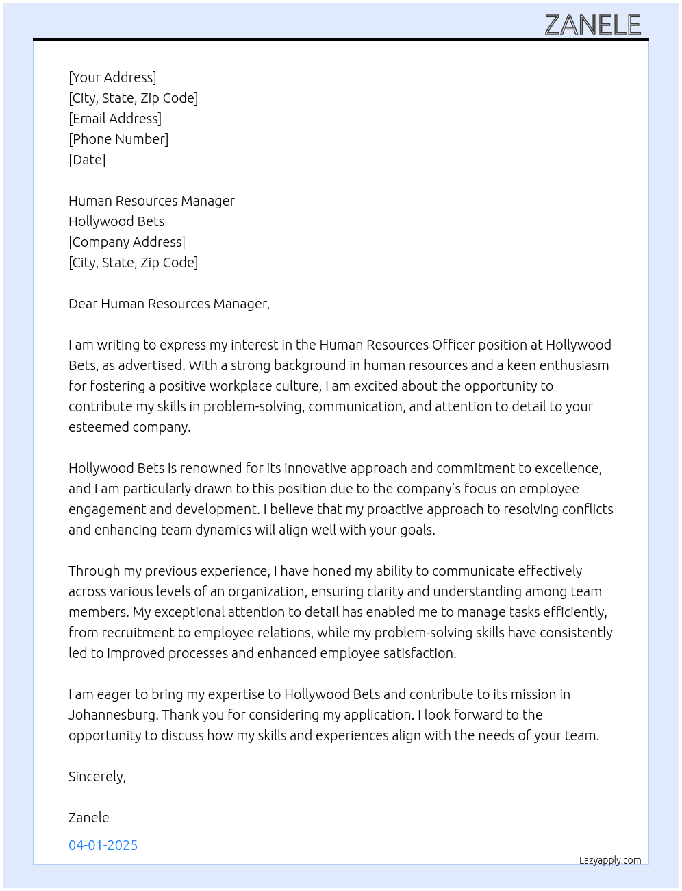 Human Resources Officer  At Hollywood bets  Cover Letter
