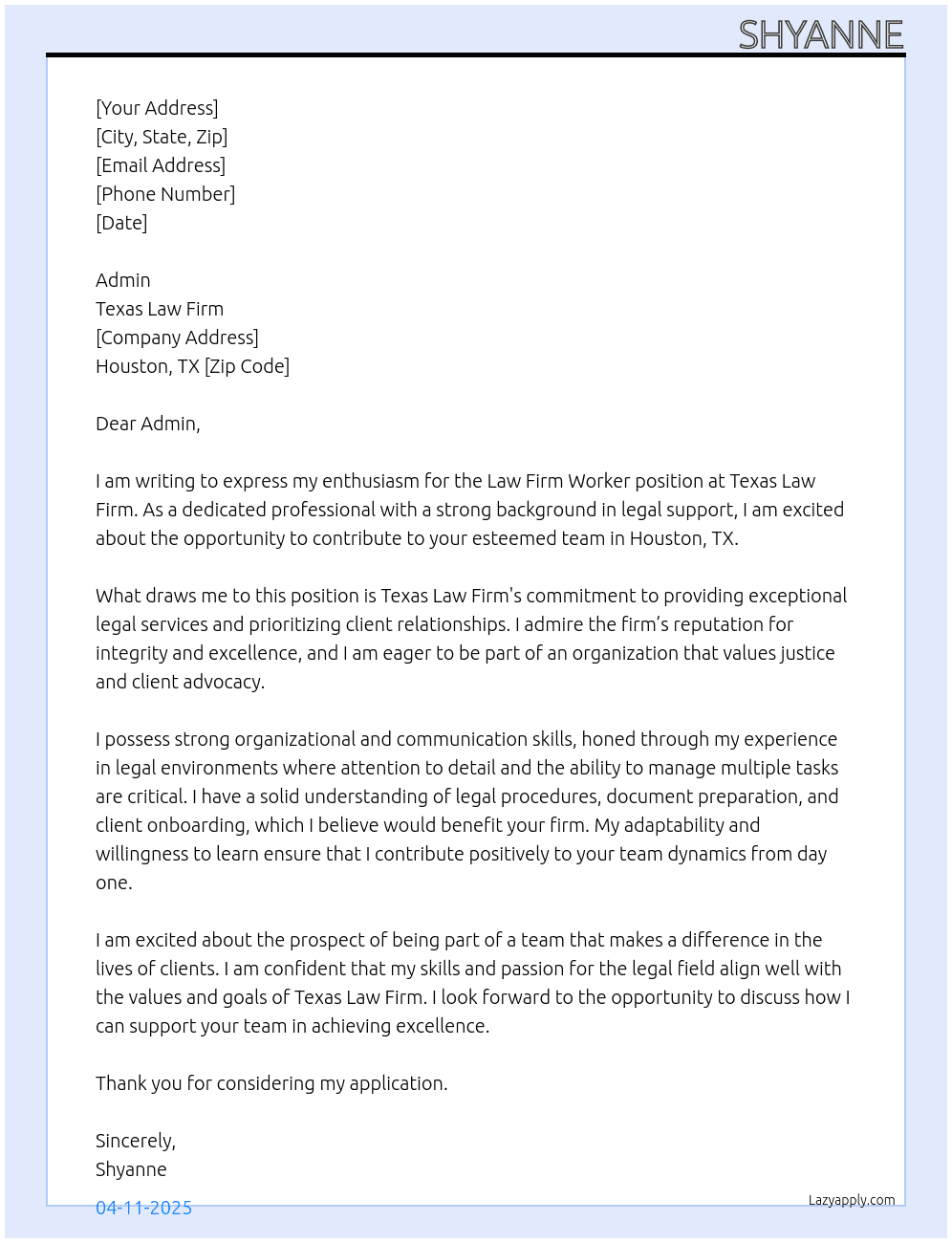 Law firm worker At Texas law firm Cover Letter