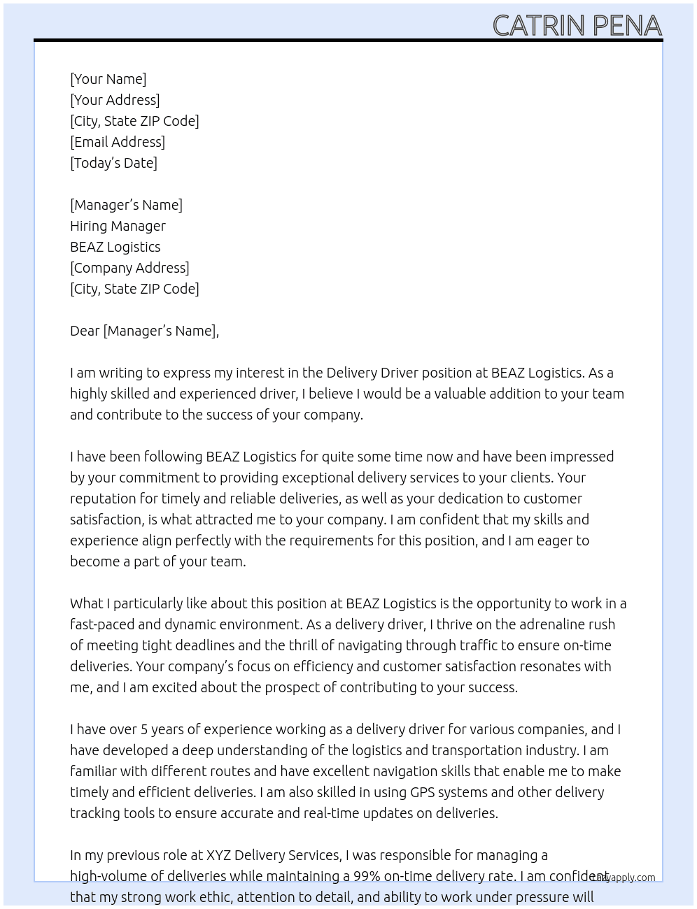 Delivery Driver At BEAZ Logistics Cover Letter