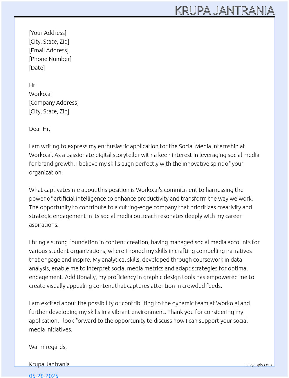 Social Media Internship At worko.ai Cover Letter