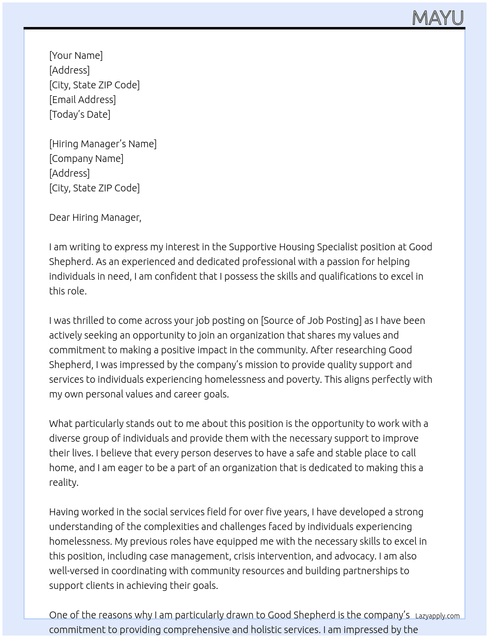 Supportive Housing Specialist At Good Shepherd Cover Letter
