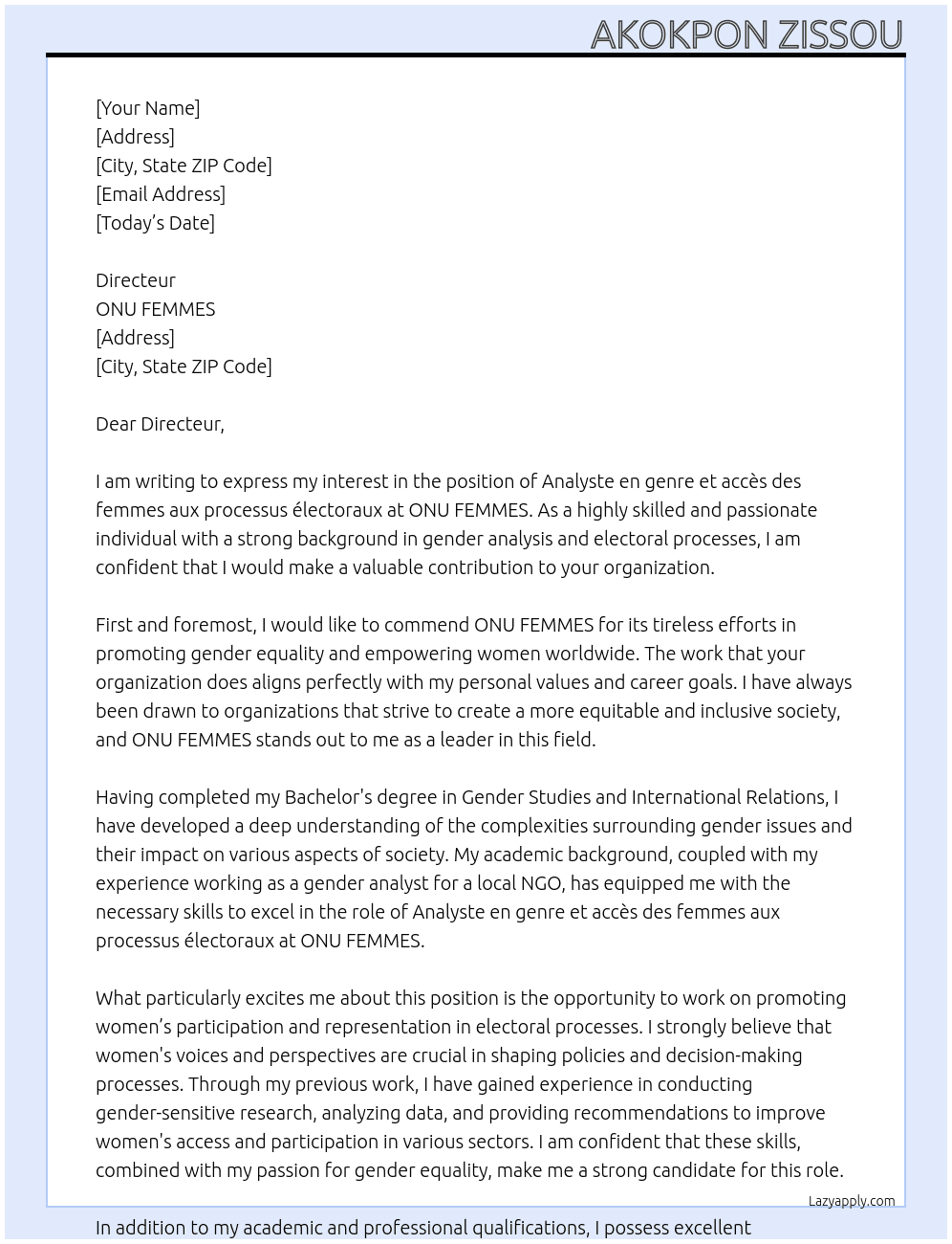 Analyste en genre et accès des femmes aux processus électoraux At ONU FEMMES Cover Letter