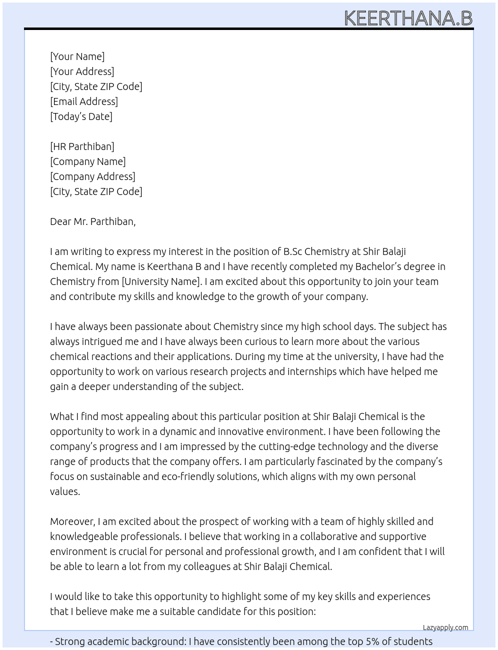 B.sc Chemistry  At Shir balaji chemical Cover Letter
