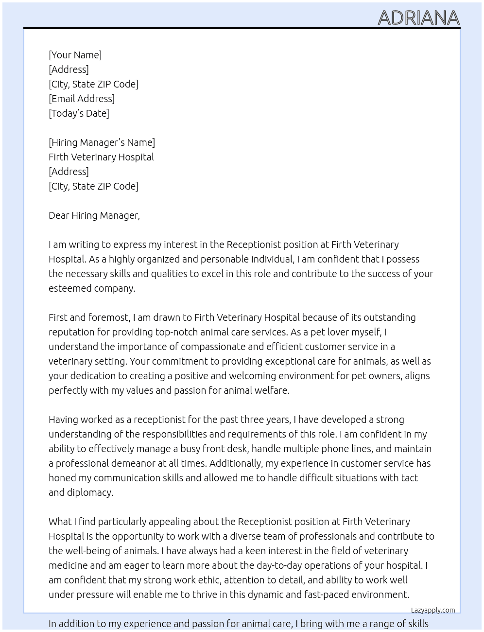 Receptionist At Firth Veterinary Hospital Cover Letter