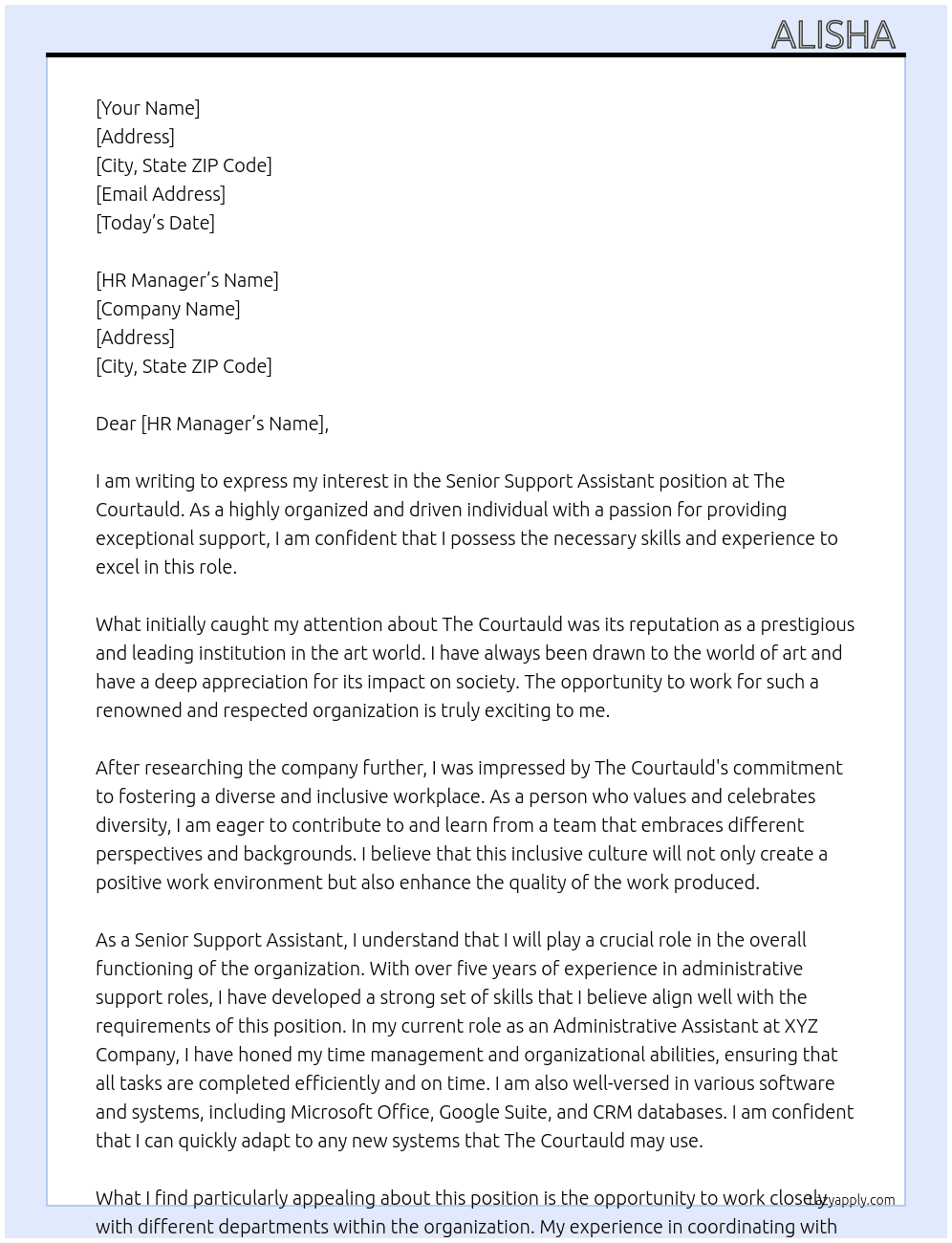Senior Support Assistant At The Courtauld  Cover Letter