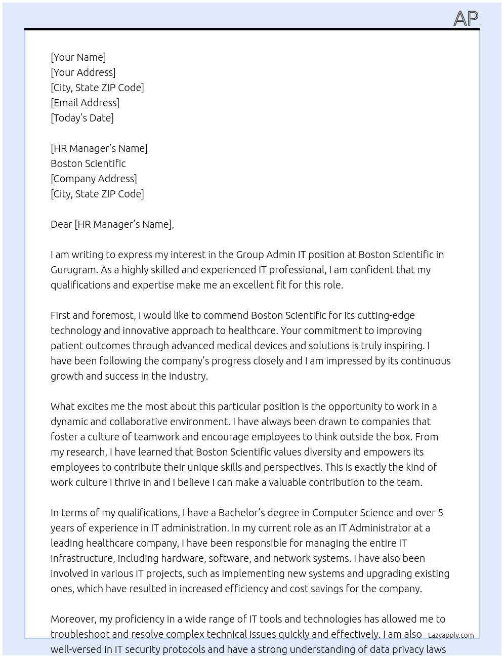 Group Admin IT At Boston Scintific Cover Letter
