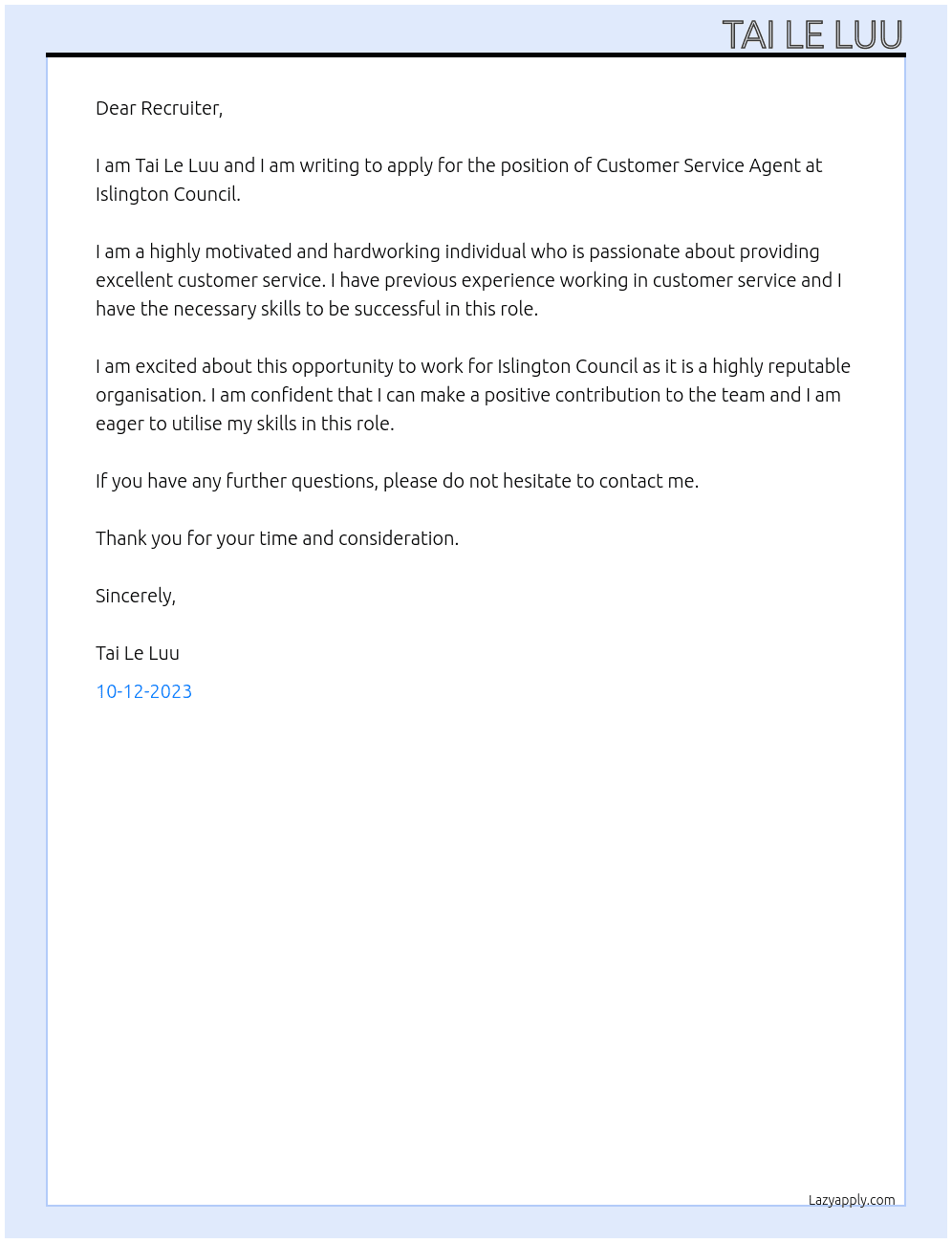 Customer Service Agent At Islington Council Cover Letter