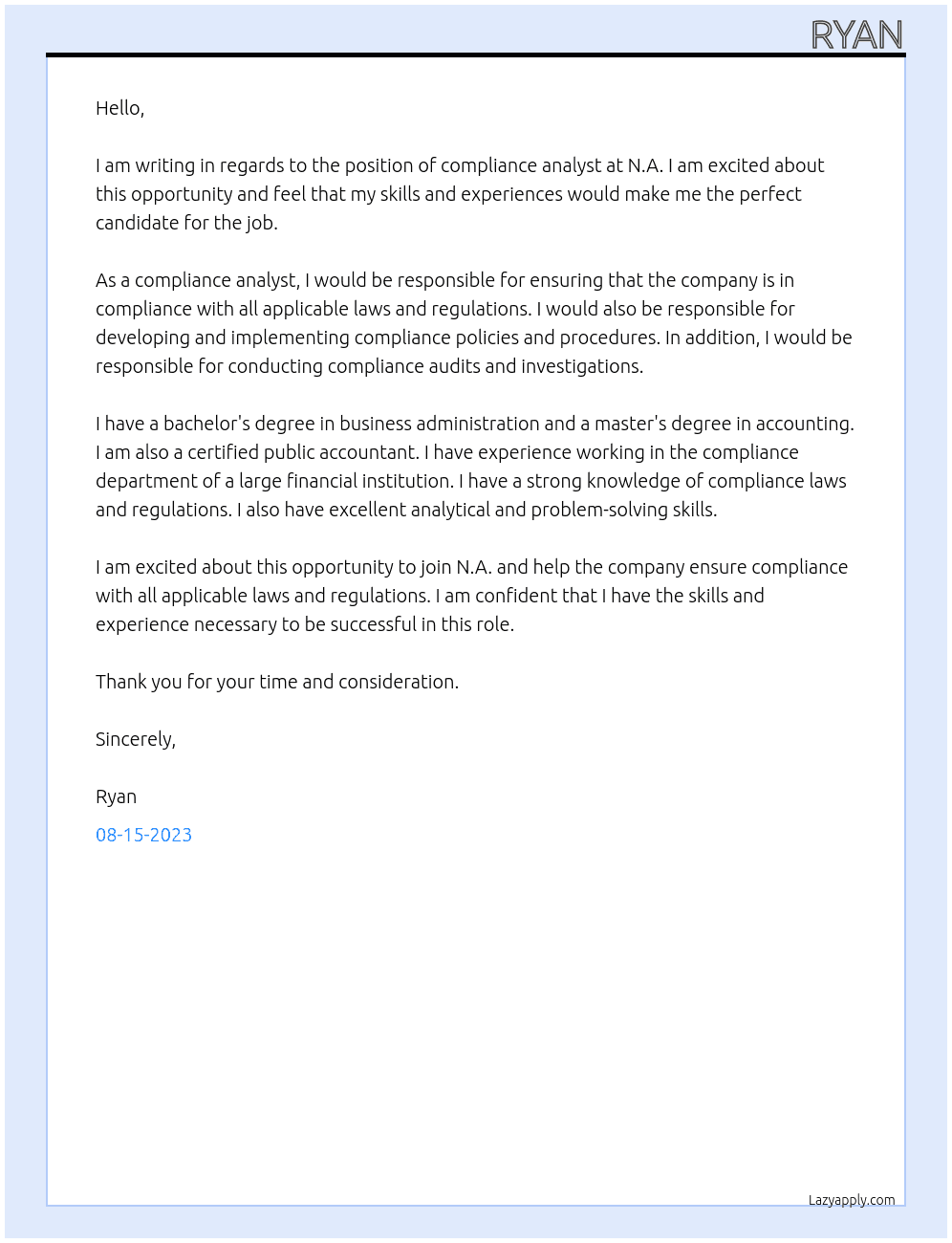 Compliance Analyst At N.A Cover Letter