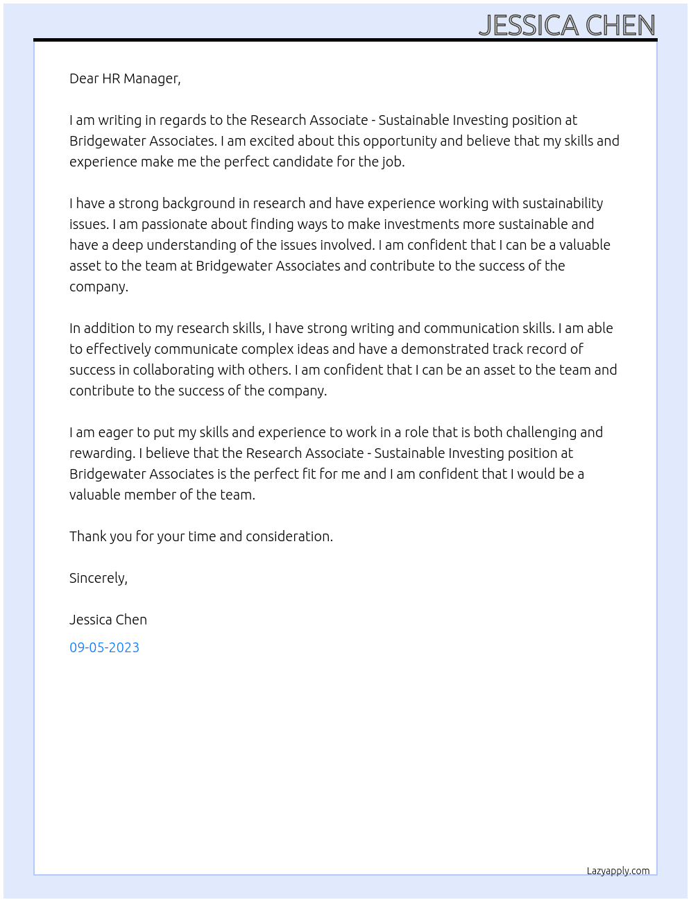 Research Associate - Sustainable Investing At Bridgewater Associates Cover Letter
