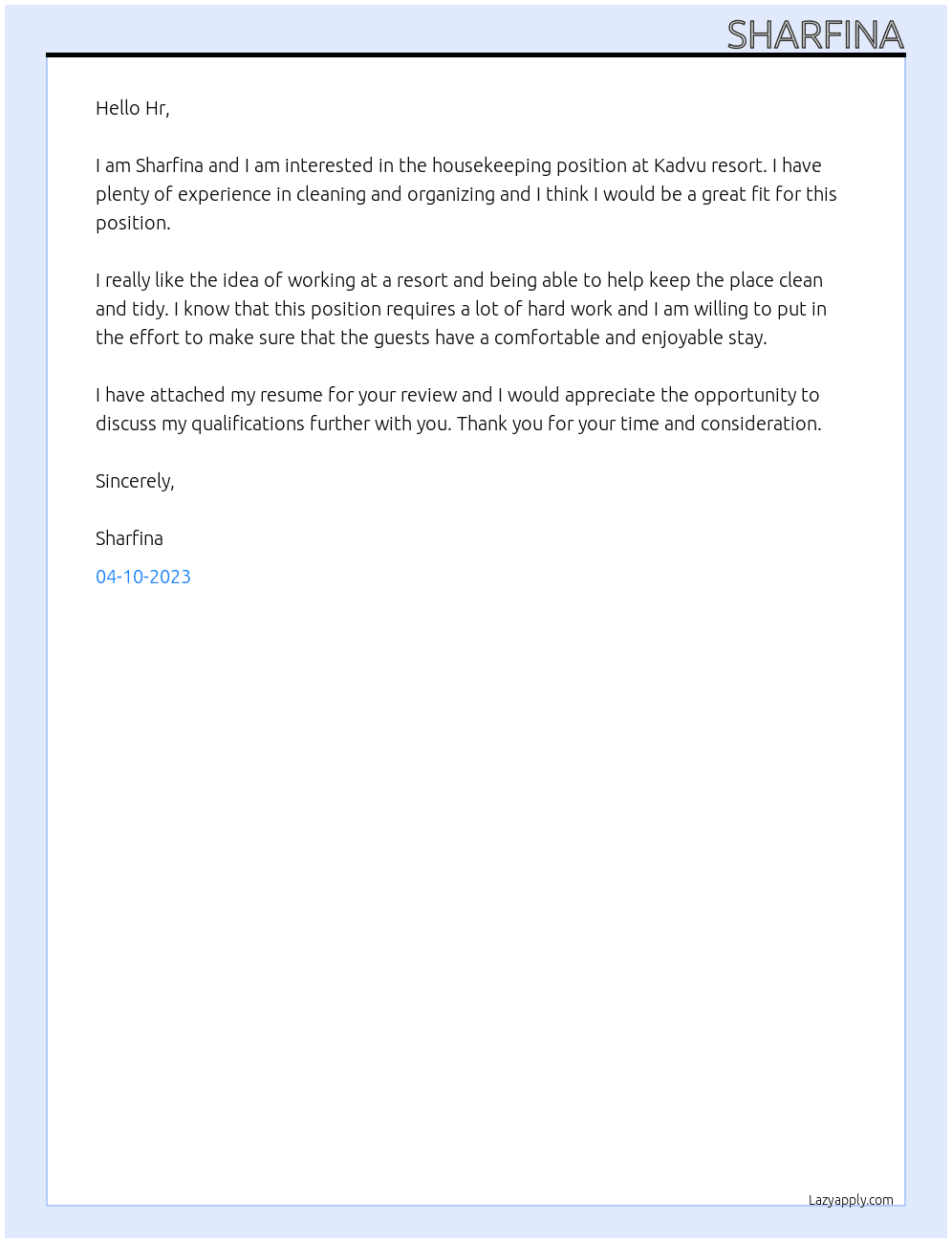 House keeping  At Kadvu resort Cover Letter