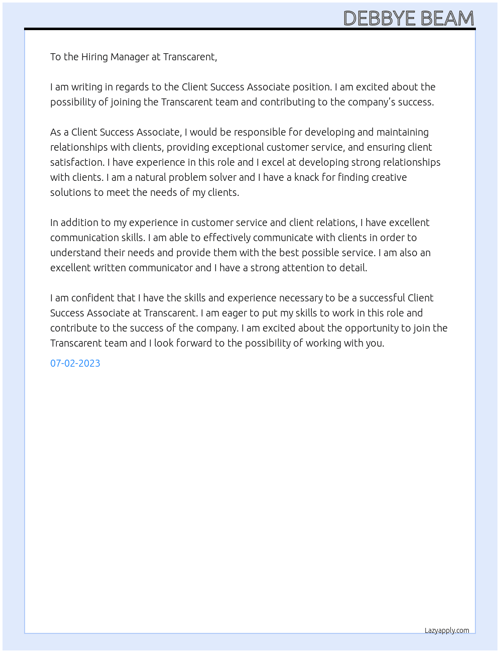 Client Success Associate  At Transcarent  Cover Letter