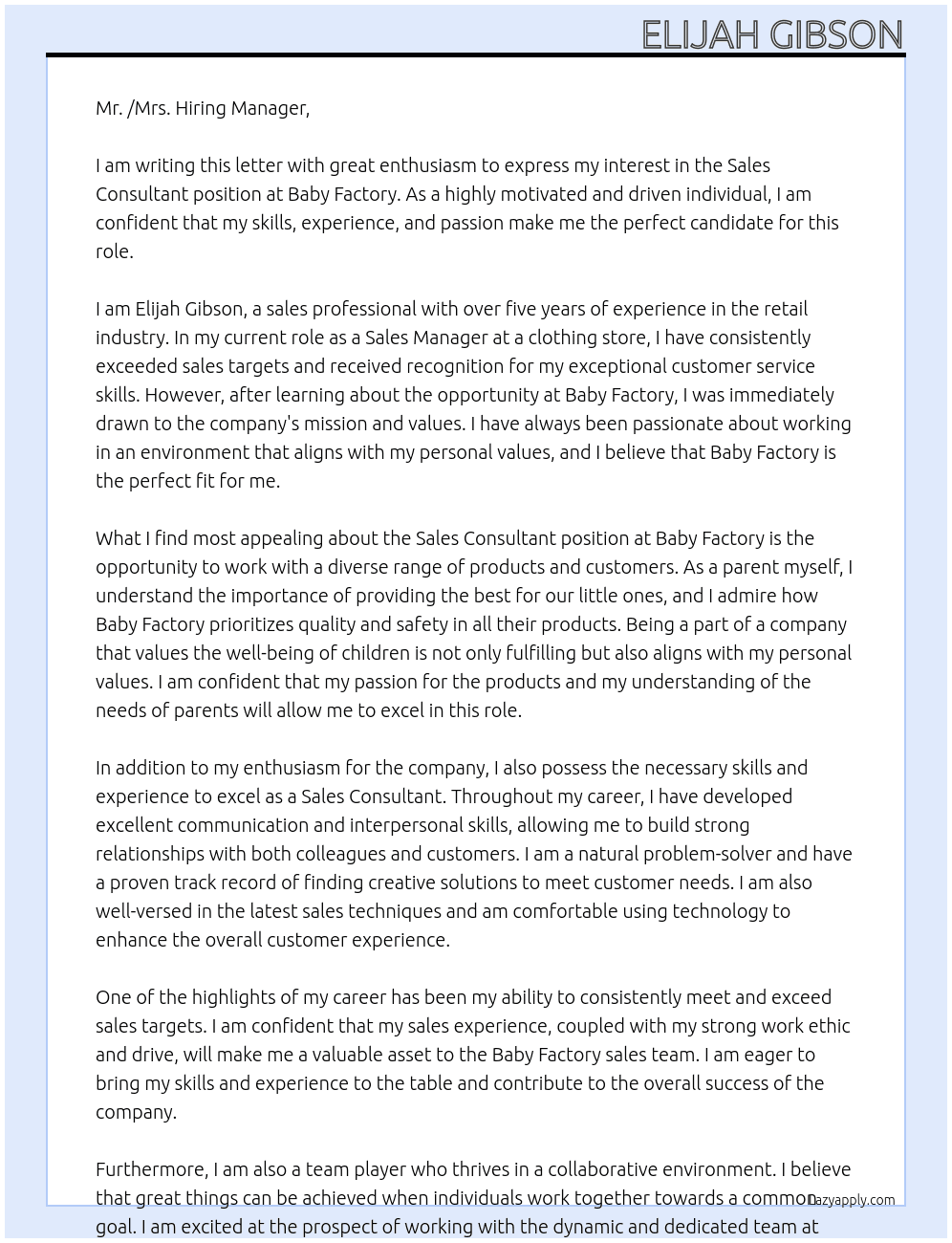 Sales Consultant At Baby Factory  Cover Letter