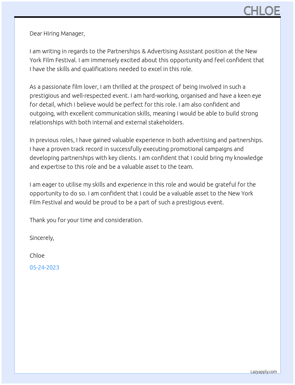 Partnerships & Advertising Assistant At New York Film Festival Cover Letter