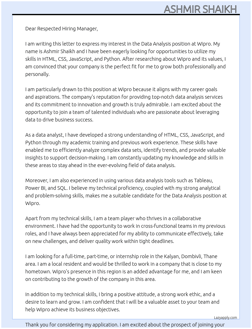Data analysis,  At Wipro  Cover Letter