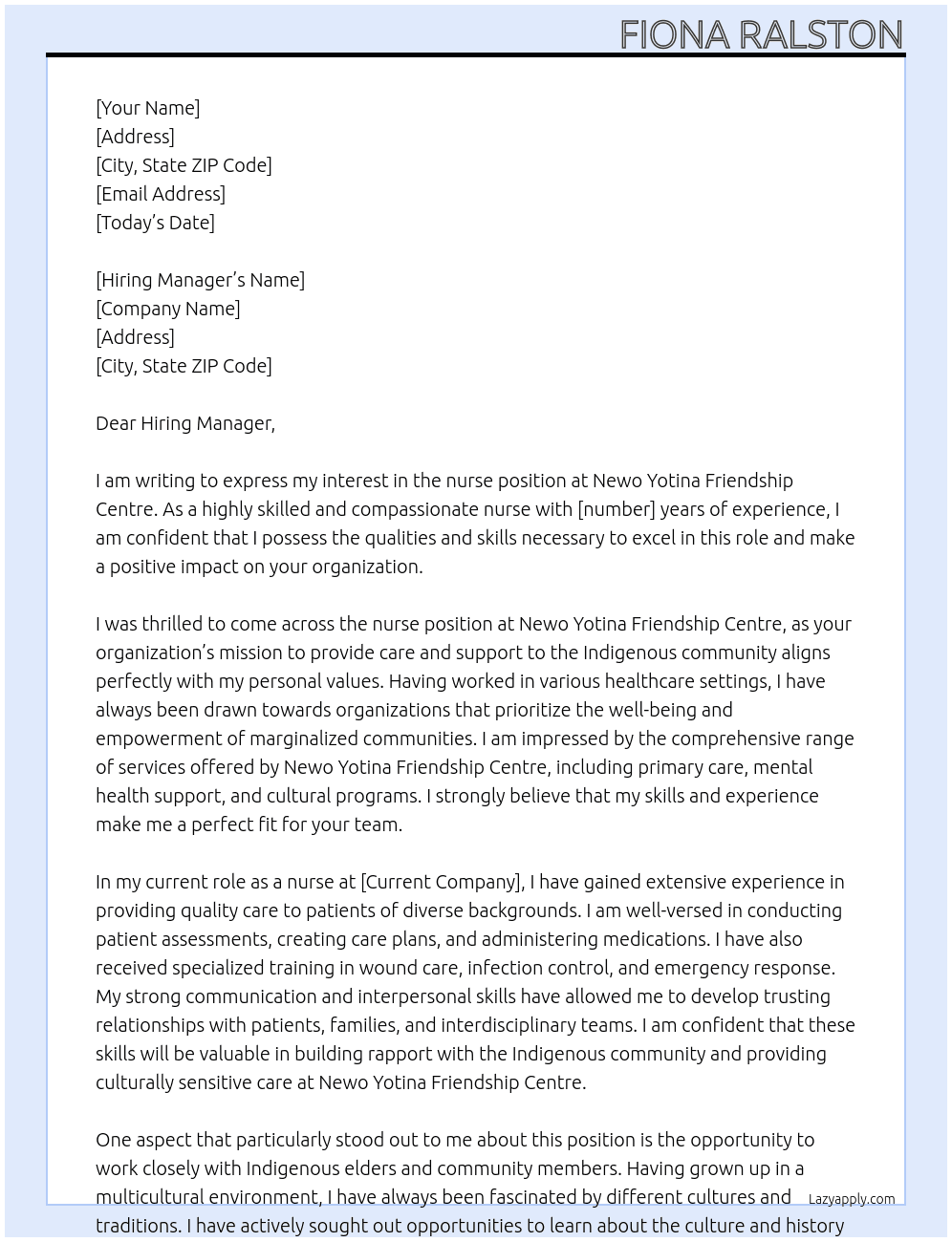 nurse At Newo Yotina Friendship Centre Cover Letter