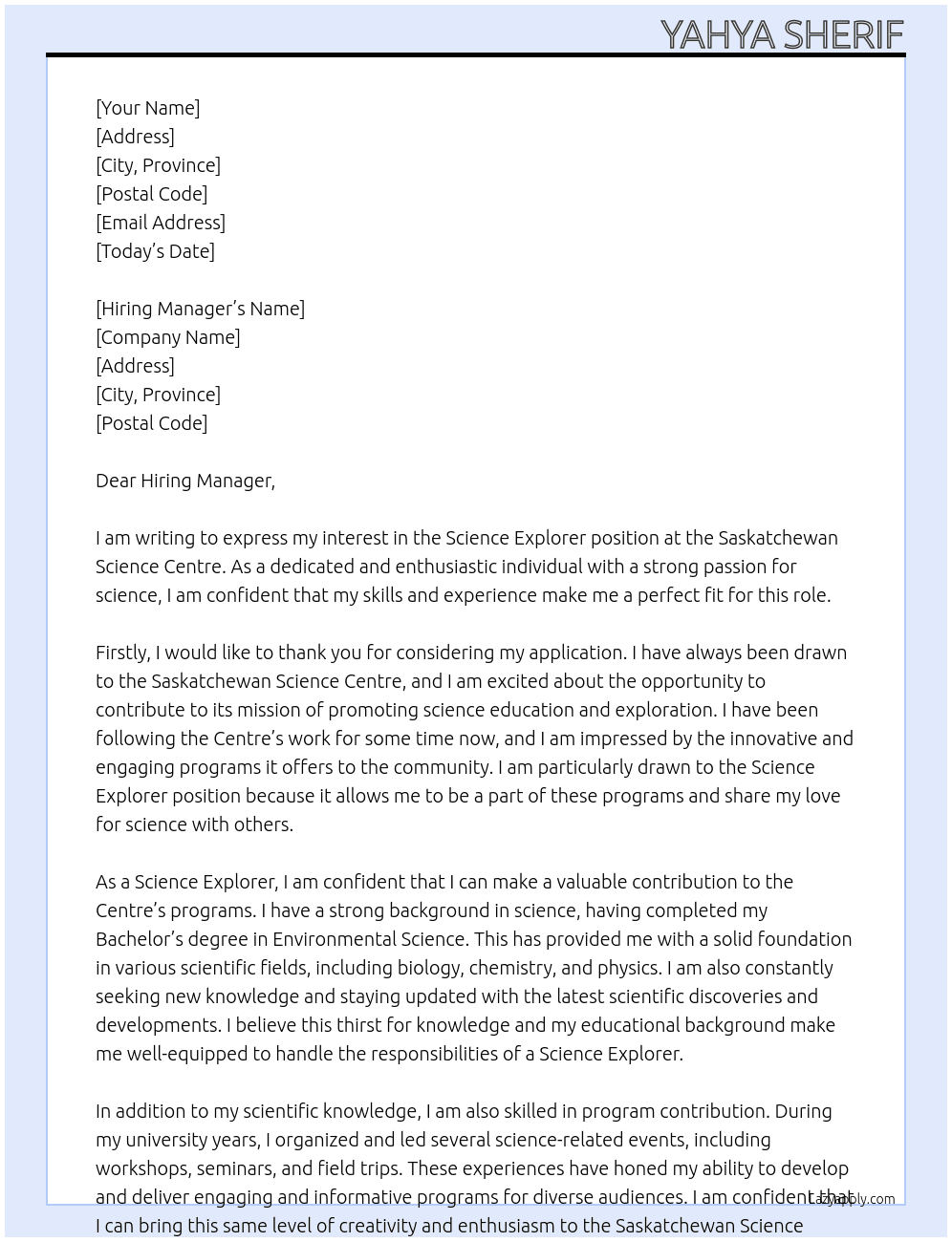Science Explorer At Saskatchewan Science Centre Cover Letter