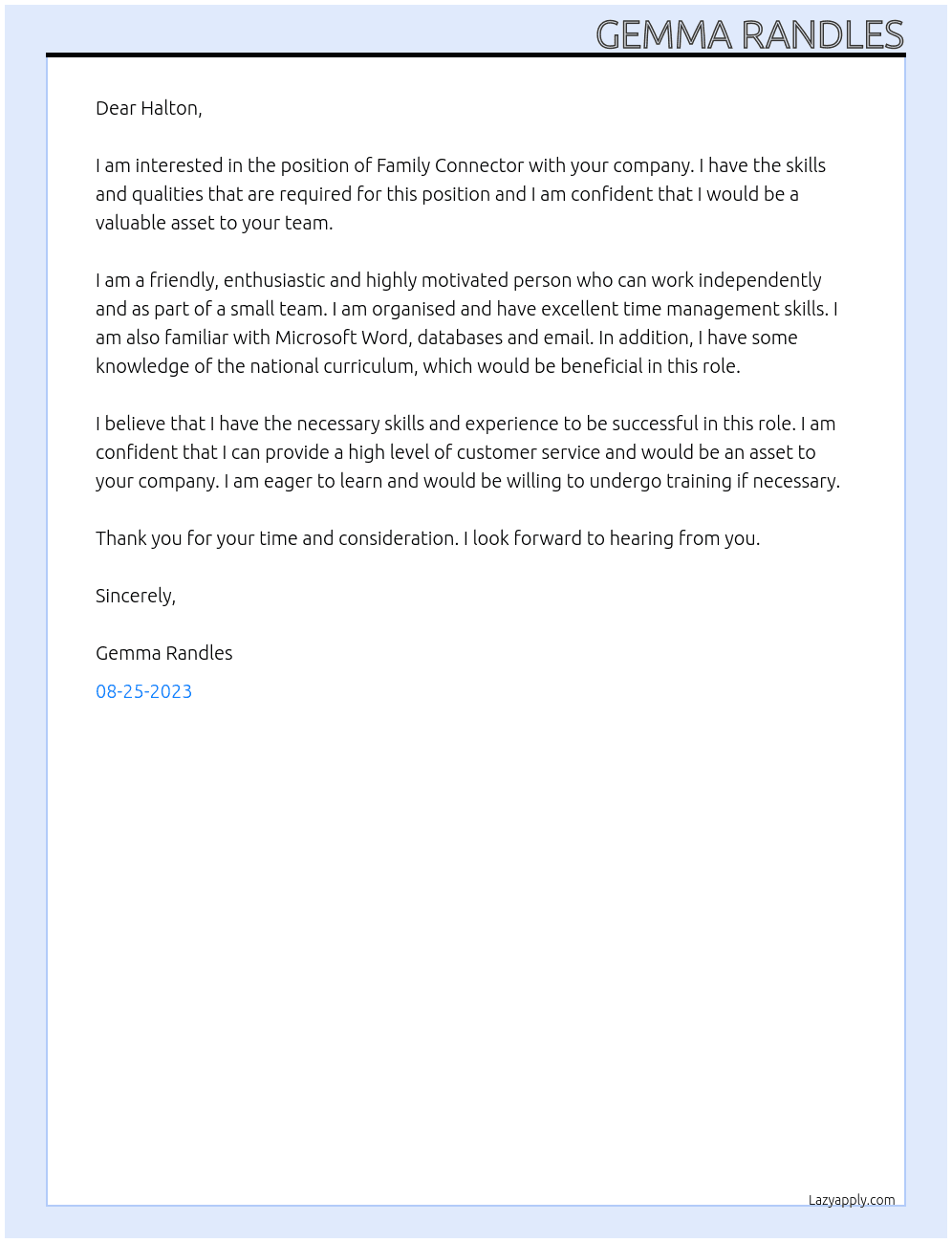 Family Connector At Halton  Cover Letter