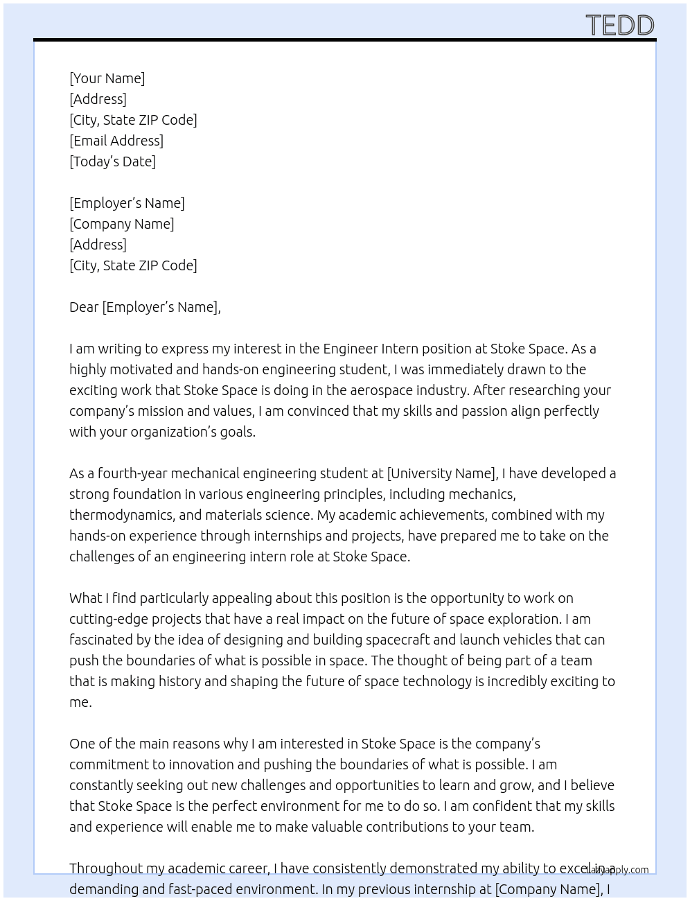 Engineer Intern At Stoke Space Cover Letter