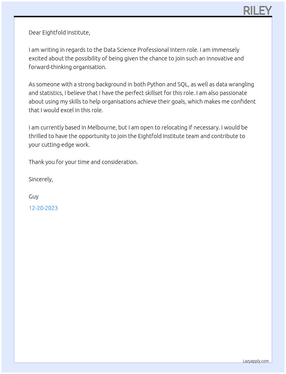 Data Science Professional Intern At Eightfold Institute Cover Letter