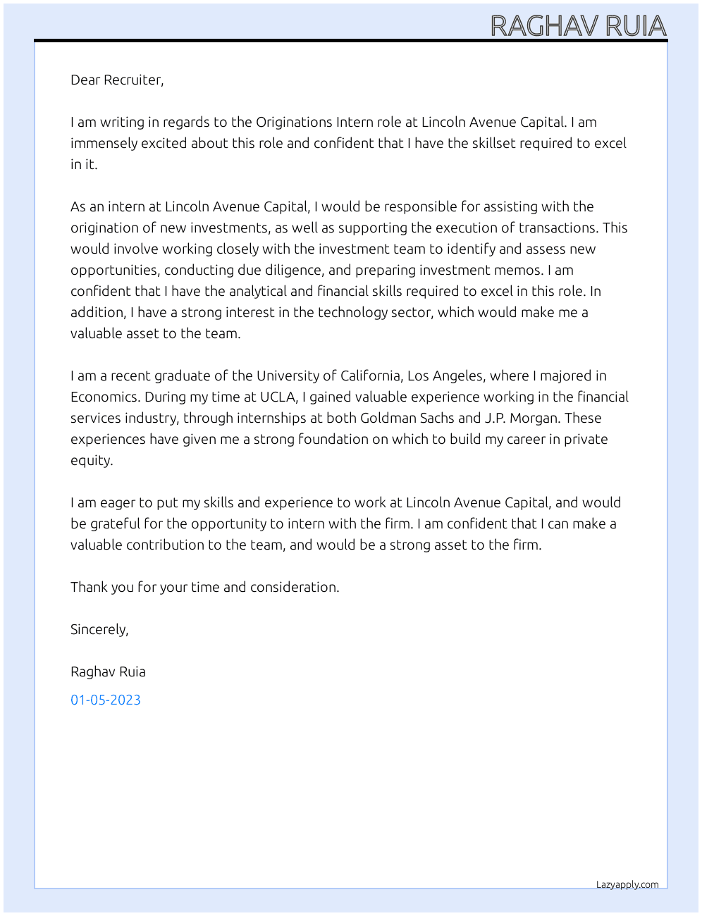 Originations Intern At Lincoln Avenue Capital  Cover Letter
