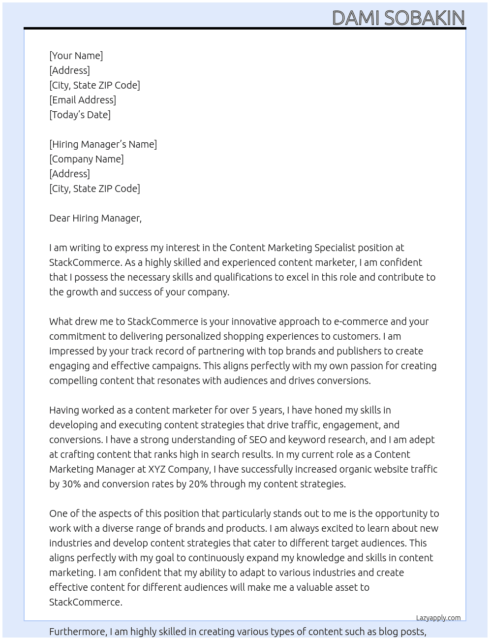 Content marketing specialist  At StackCommerce Cover Letter