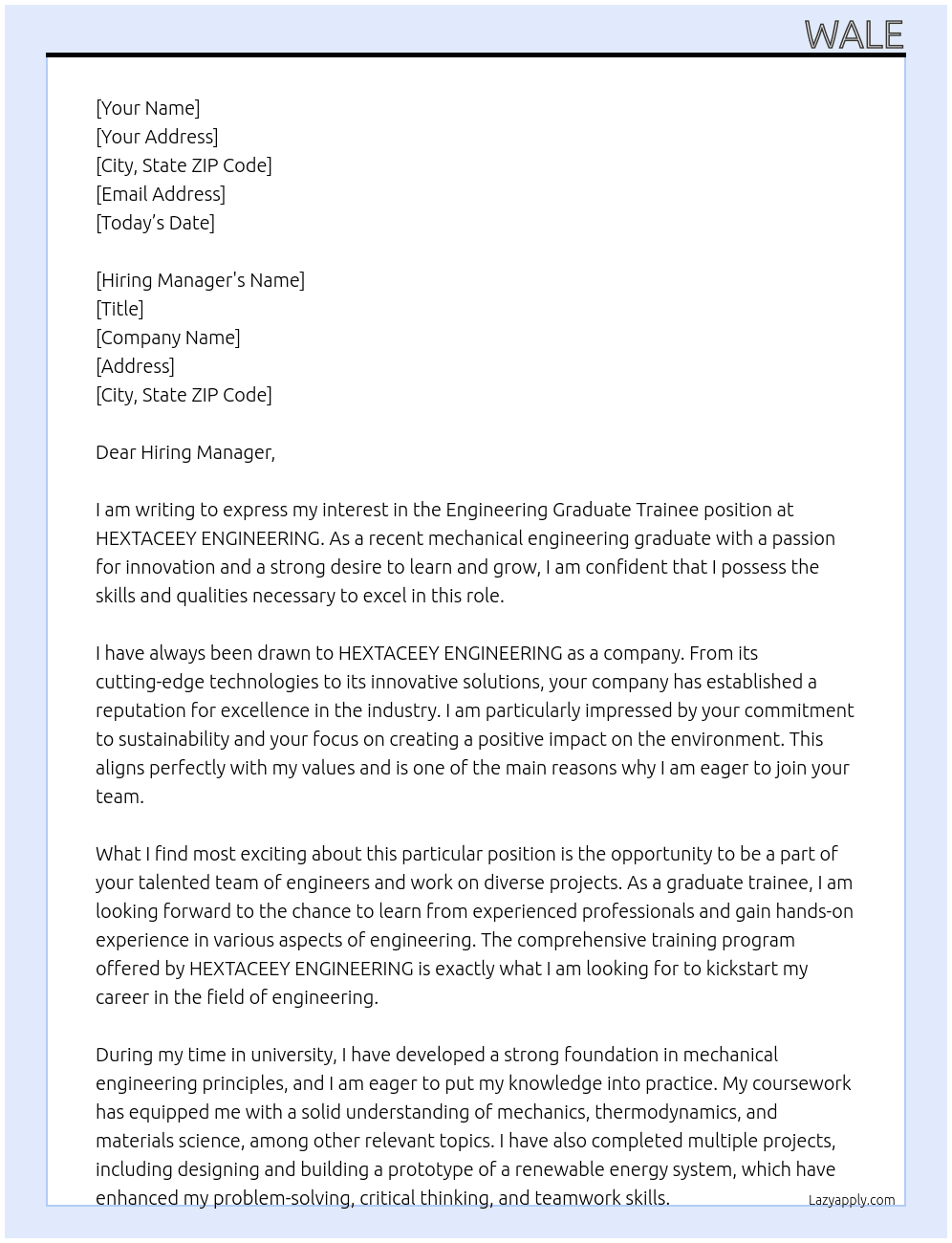 Engineering Graduate Trainee At HEXTACEEY ENGINEERING  Cover Letter