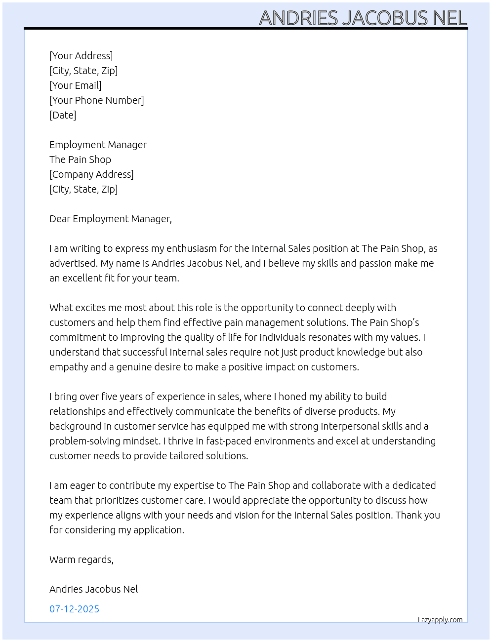 Internal sales At The pain shop Cover Letter
