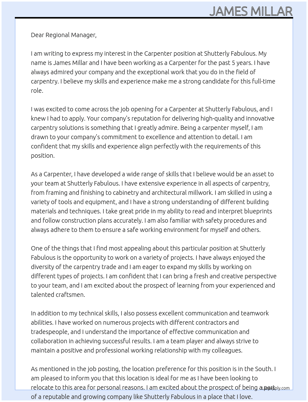 Carpenter At Shutterly Fabulous Cover Letter