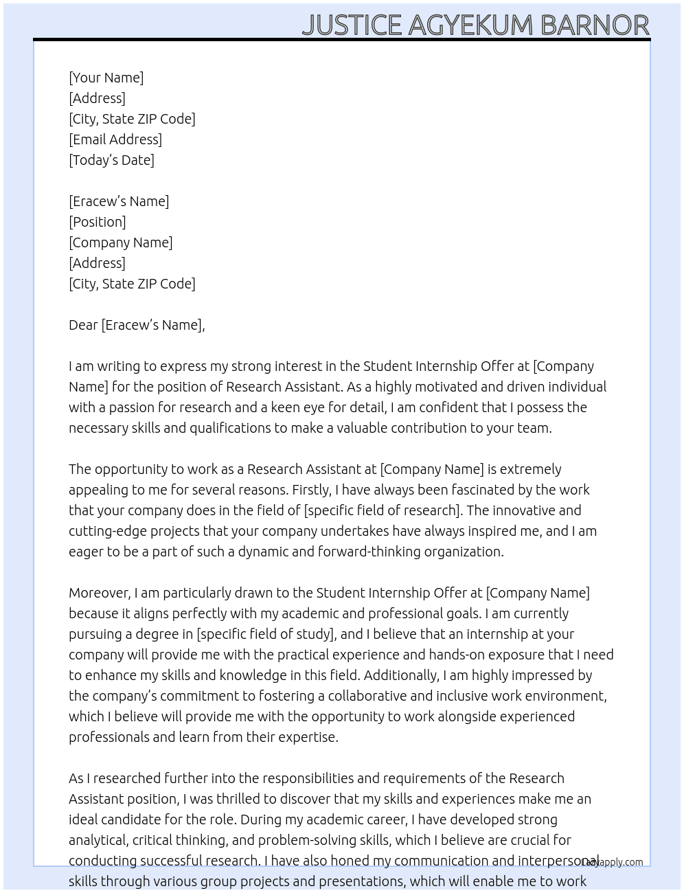 student internship offer At RESEACH ASSISTANT Cover Letter