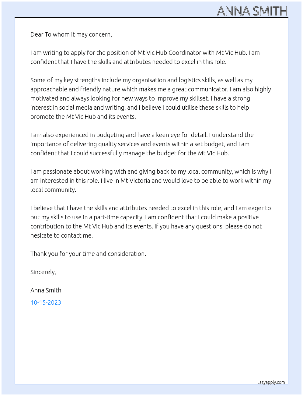 Mt Vic Hub Coordinator At Mt Vic Hub Cover Letter