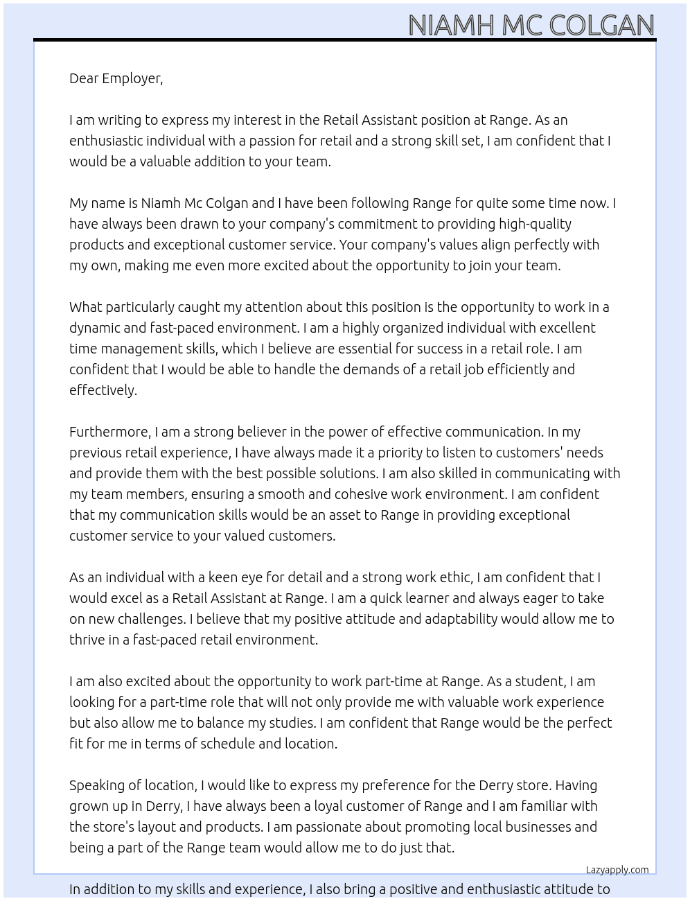 Retail Assistant  At  Range Cover Letter