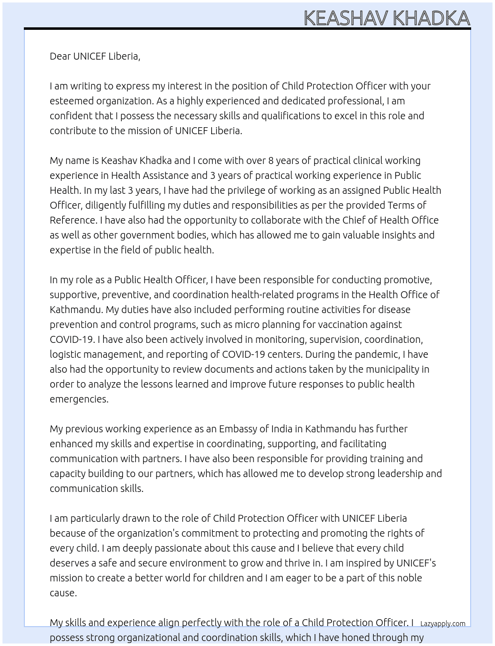 Child Protection Officer At UNICEF Liberia Cover Letter