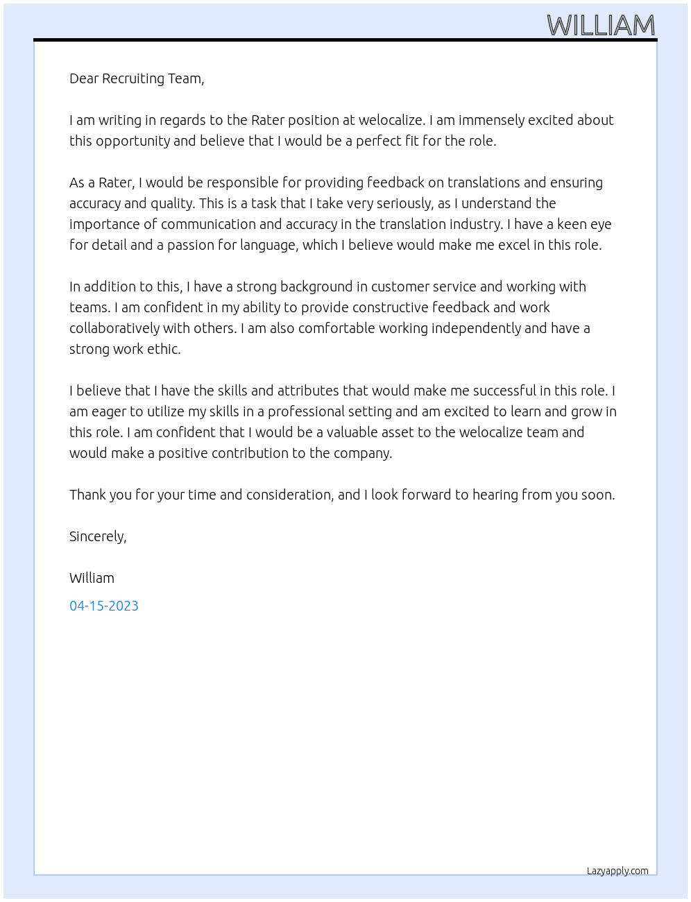 Rater At welocalize Cover Letter