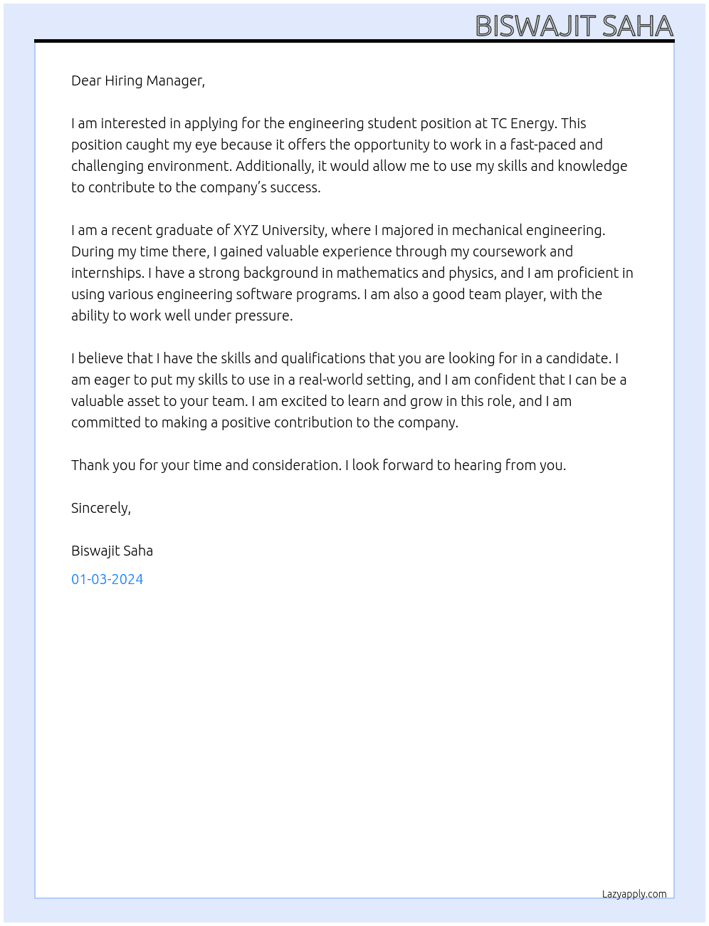 Engineering Student At TC Energy Cover Letter