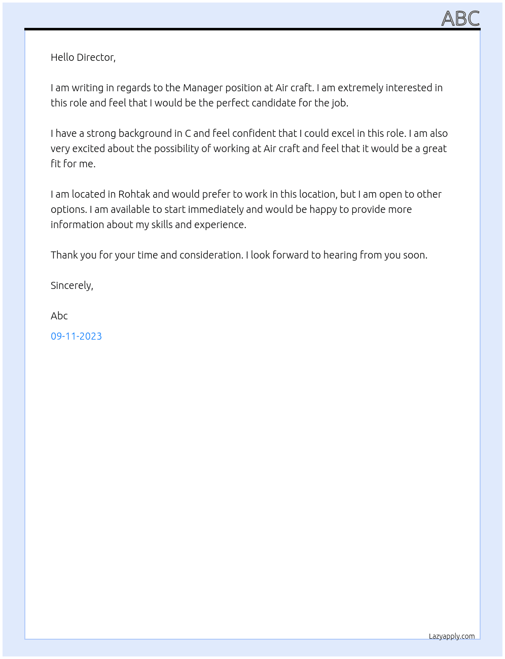 Manager At Air craft Cover Letter