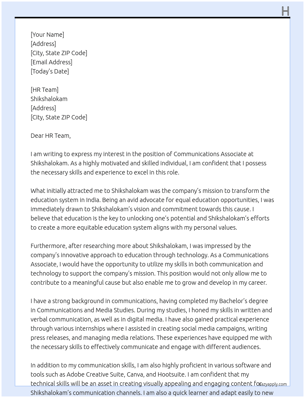communications asociate At Shikshalokam Cover Letter