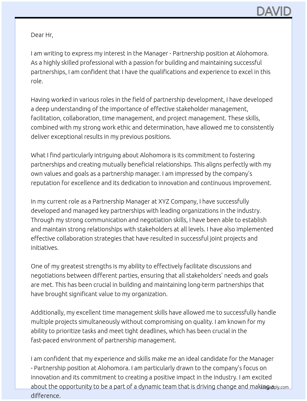 Manager - Partnership At Alohomora Cover Letter