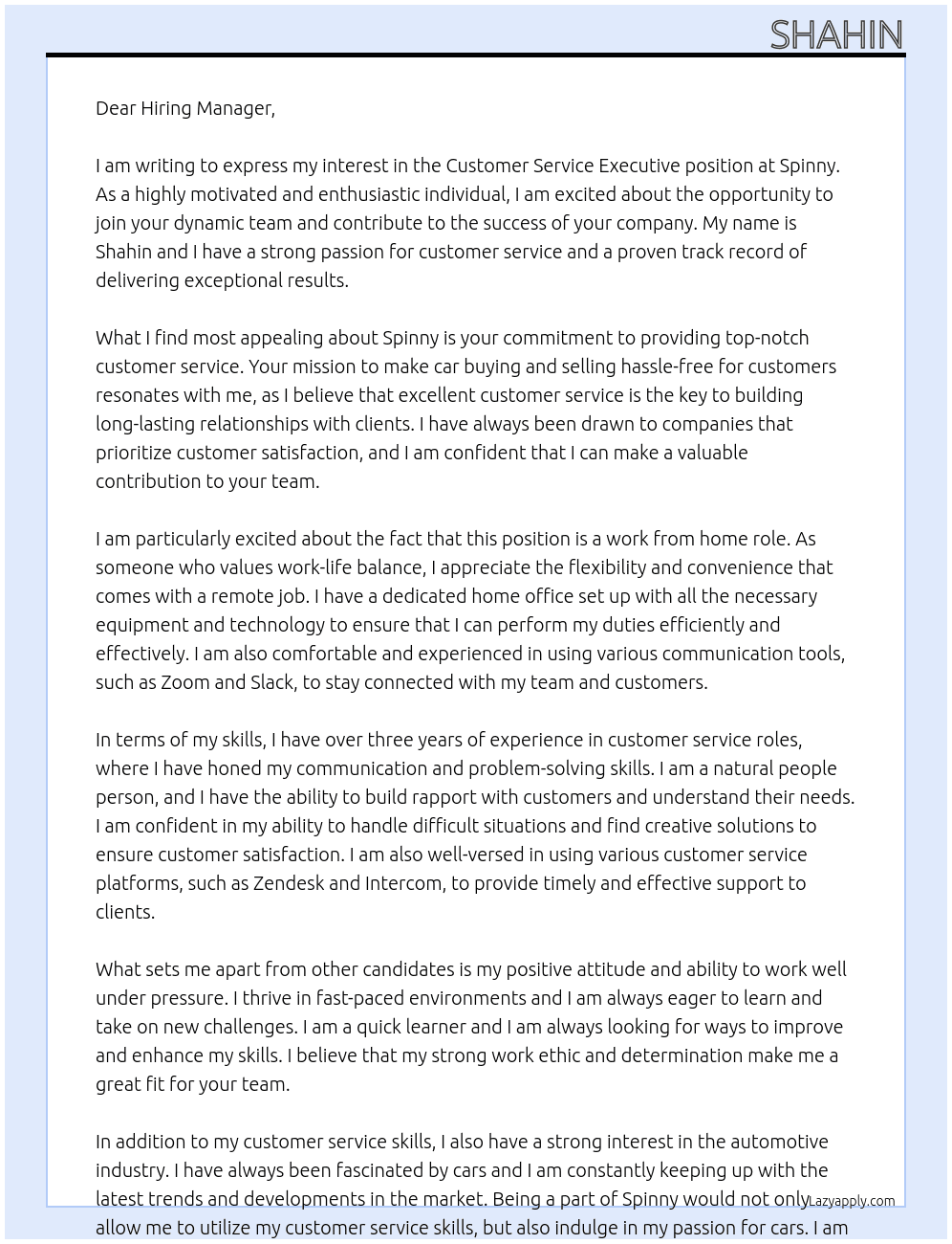 Customer service executive  At Spinny Cover Letter