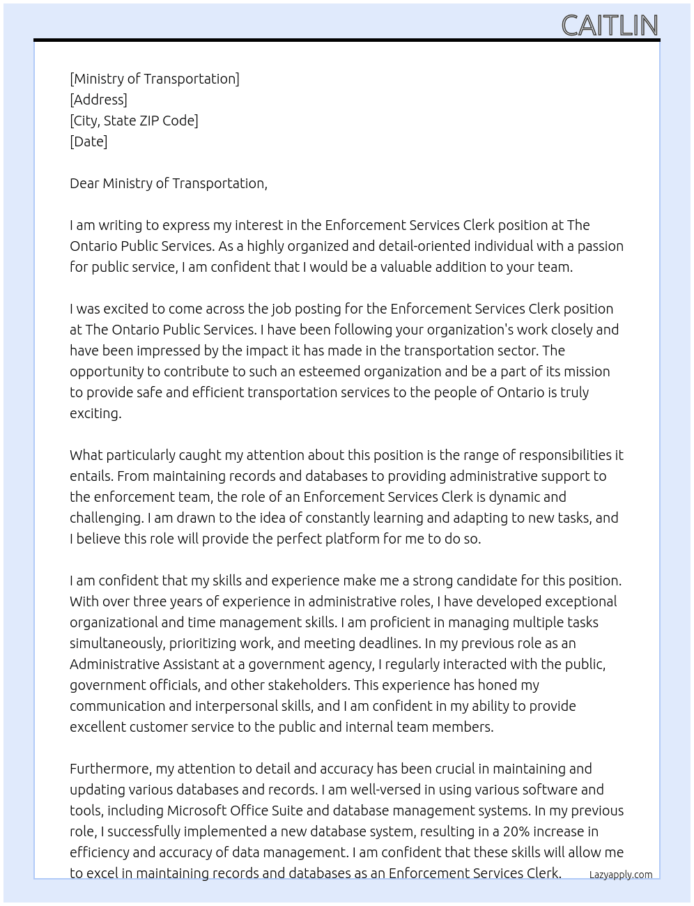 Enforcement Services Clerk At The Ontario Public Services Cover Letter
