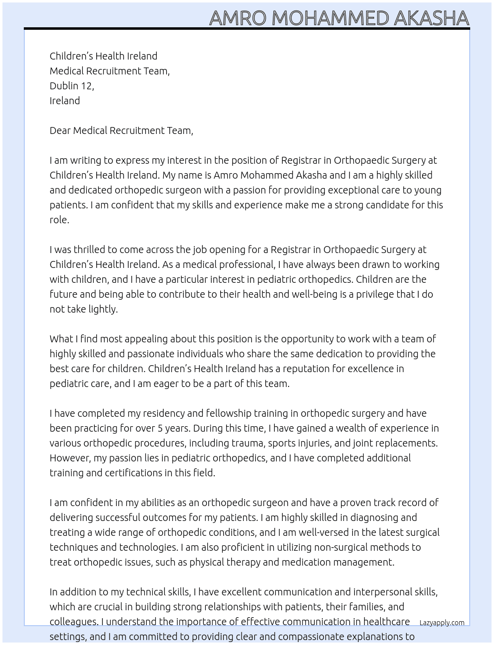 Registrar in Orthopaedic Surgery At Children’s Health Ireland  Cover Letter