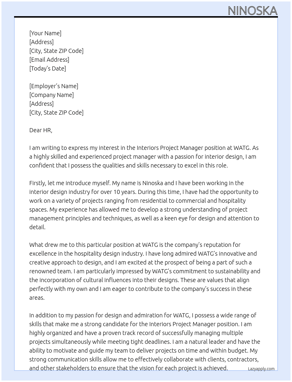 Interiors Project Manager At WATG Cover Letter