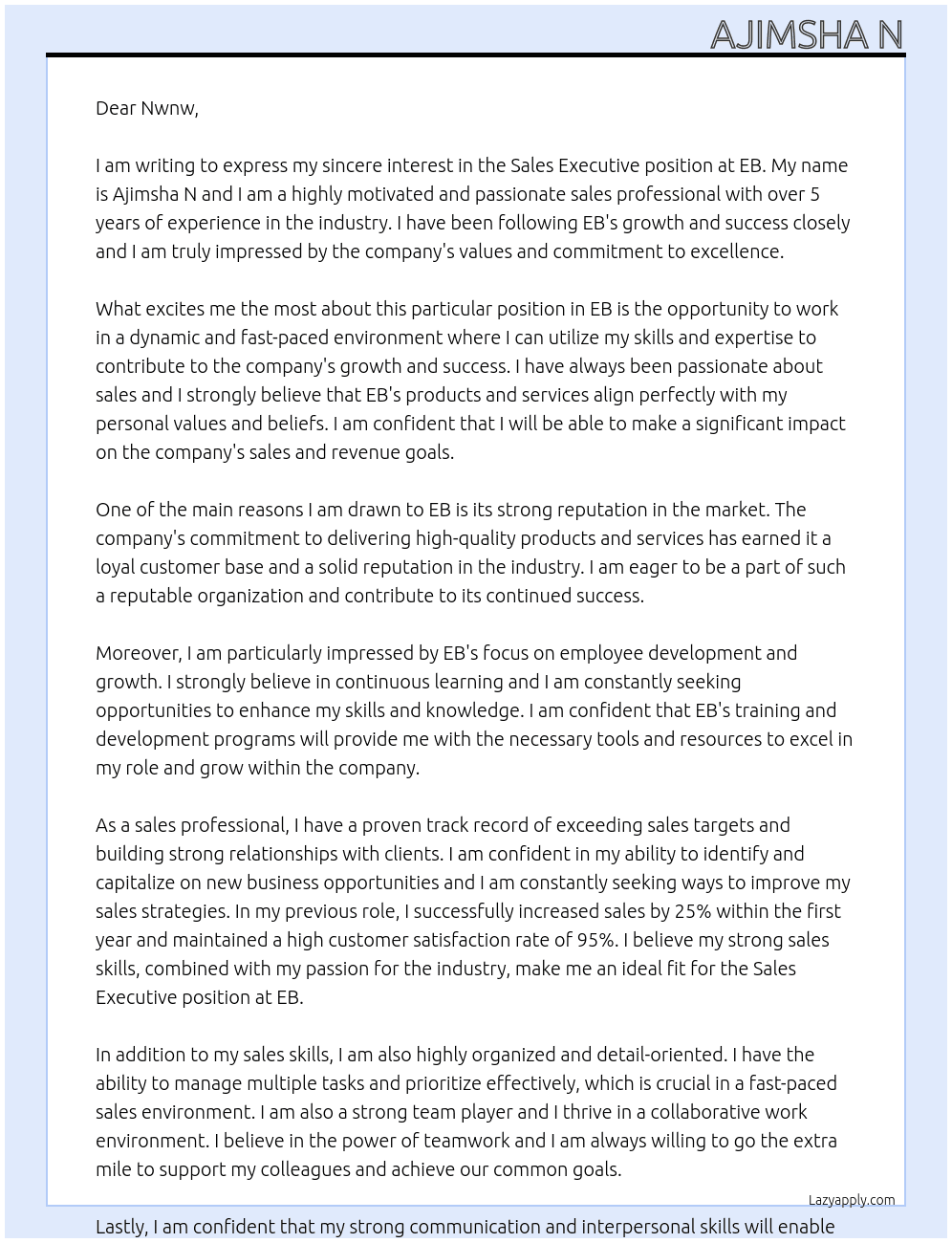 Sales executive  At EB Cover Letter