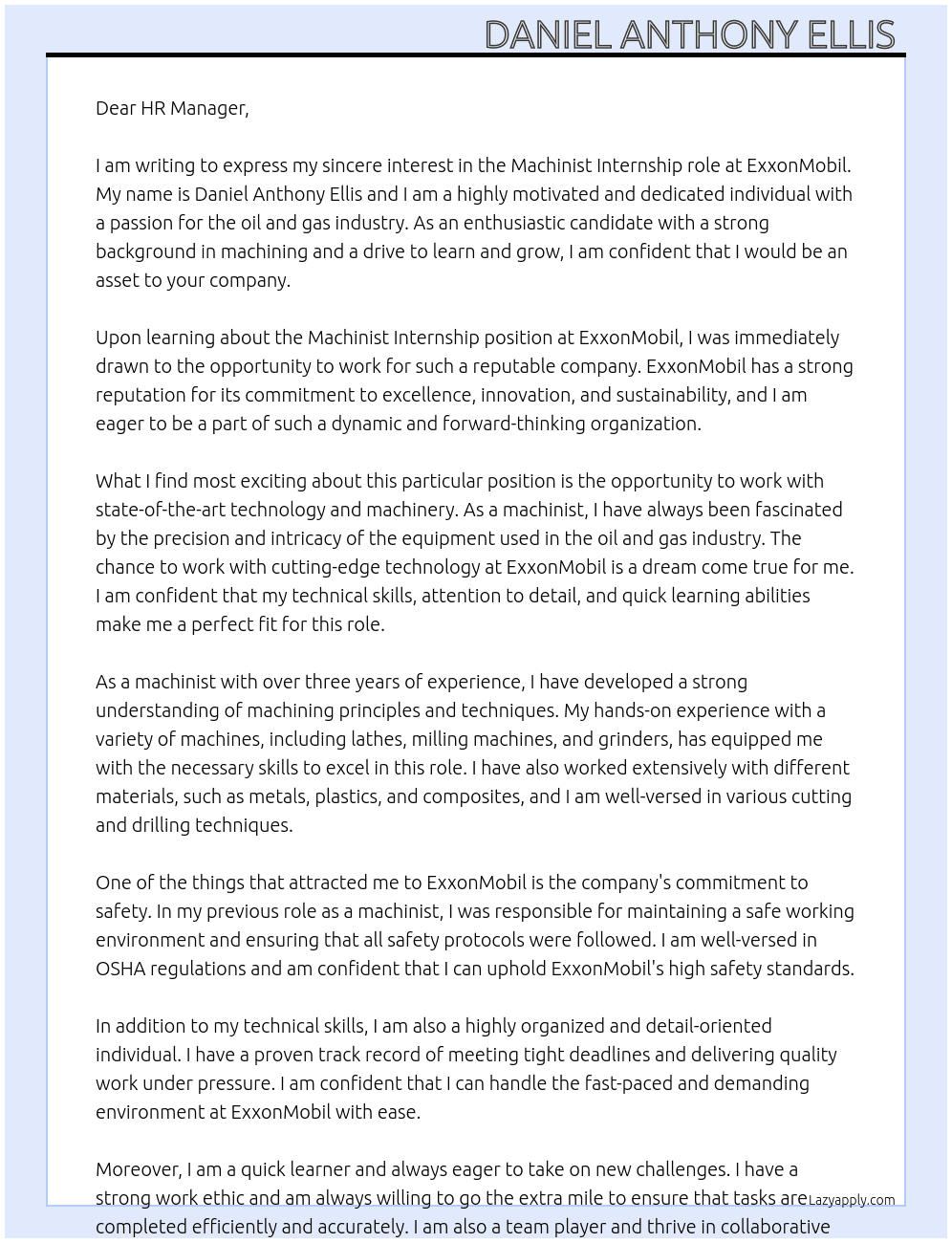 Machinist At ExxonMobil  Cover Letter