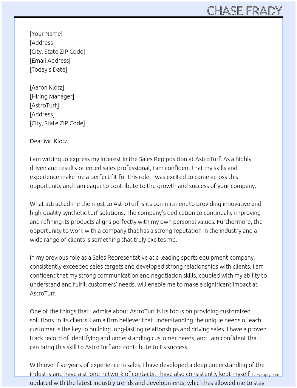 Sales Rep At AstroTurf Cover Letter