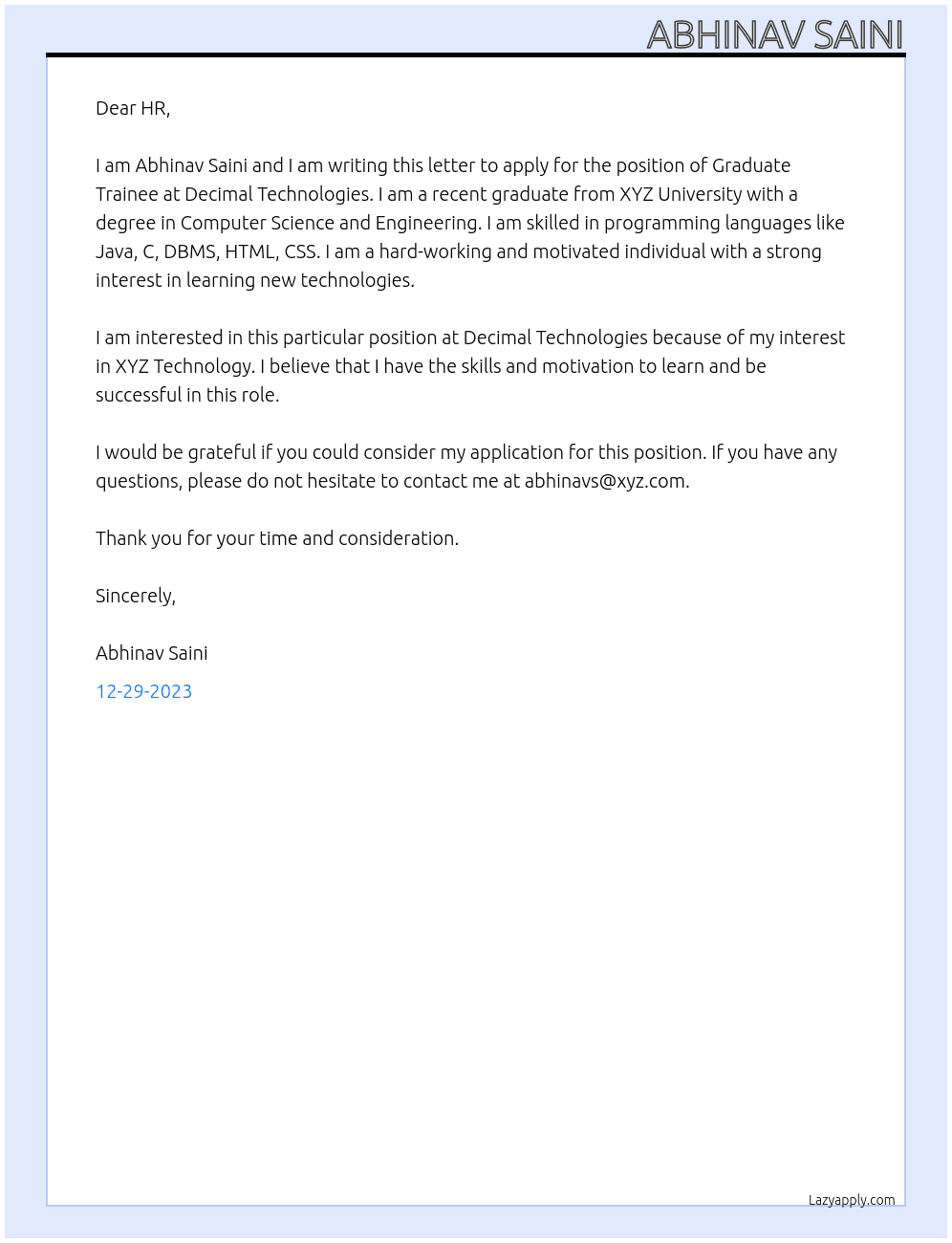  Graduate Trainee At Decimal Technologies Cover Letter