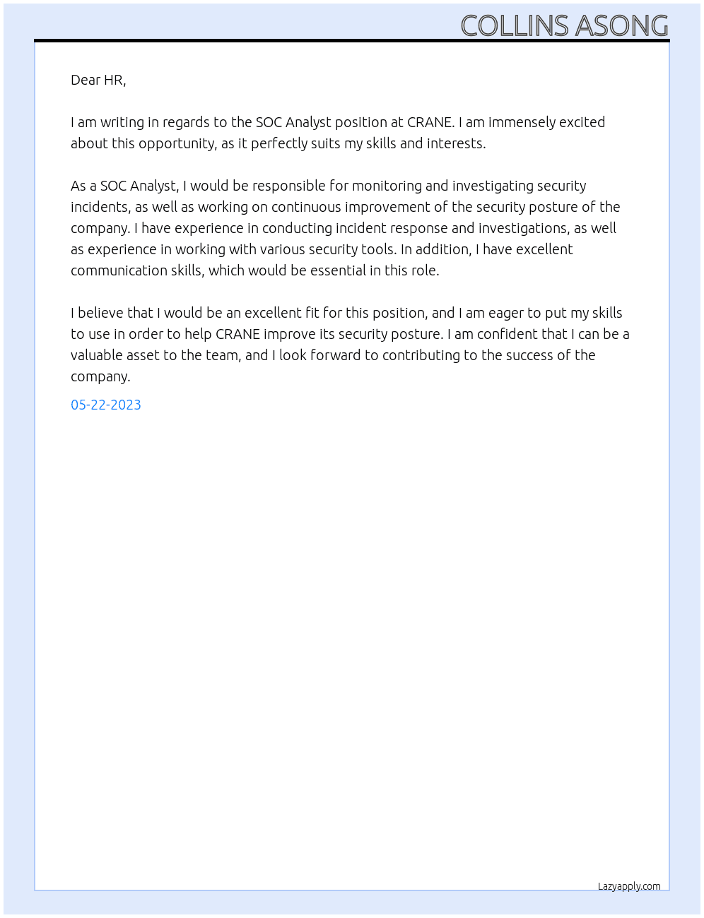 SOC Analyst At CRANE Cover Letter