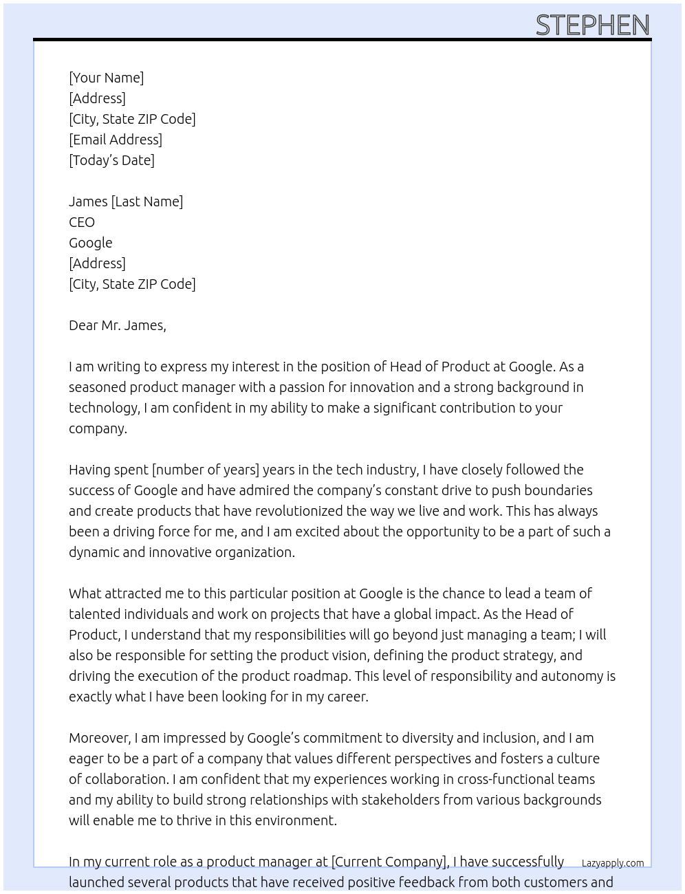 Cover letter for head of product - LazyApply