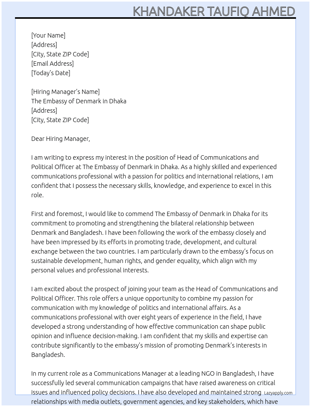 Head of Communications and Political Officer At The Embassy of Denmark in Dhaka Cover Letter